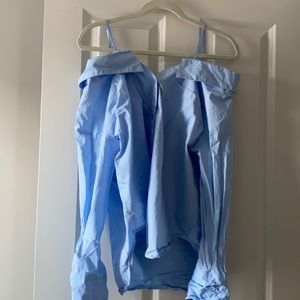 Blue off the shoulder button up top